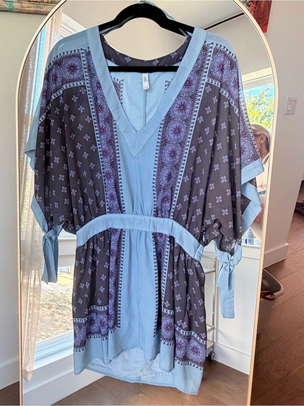 Free People Light Blue and Charcoal Printed V-Neck Tunic Dress